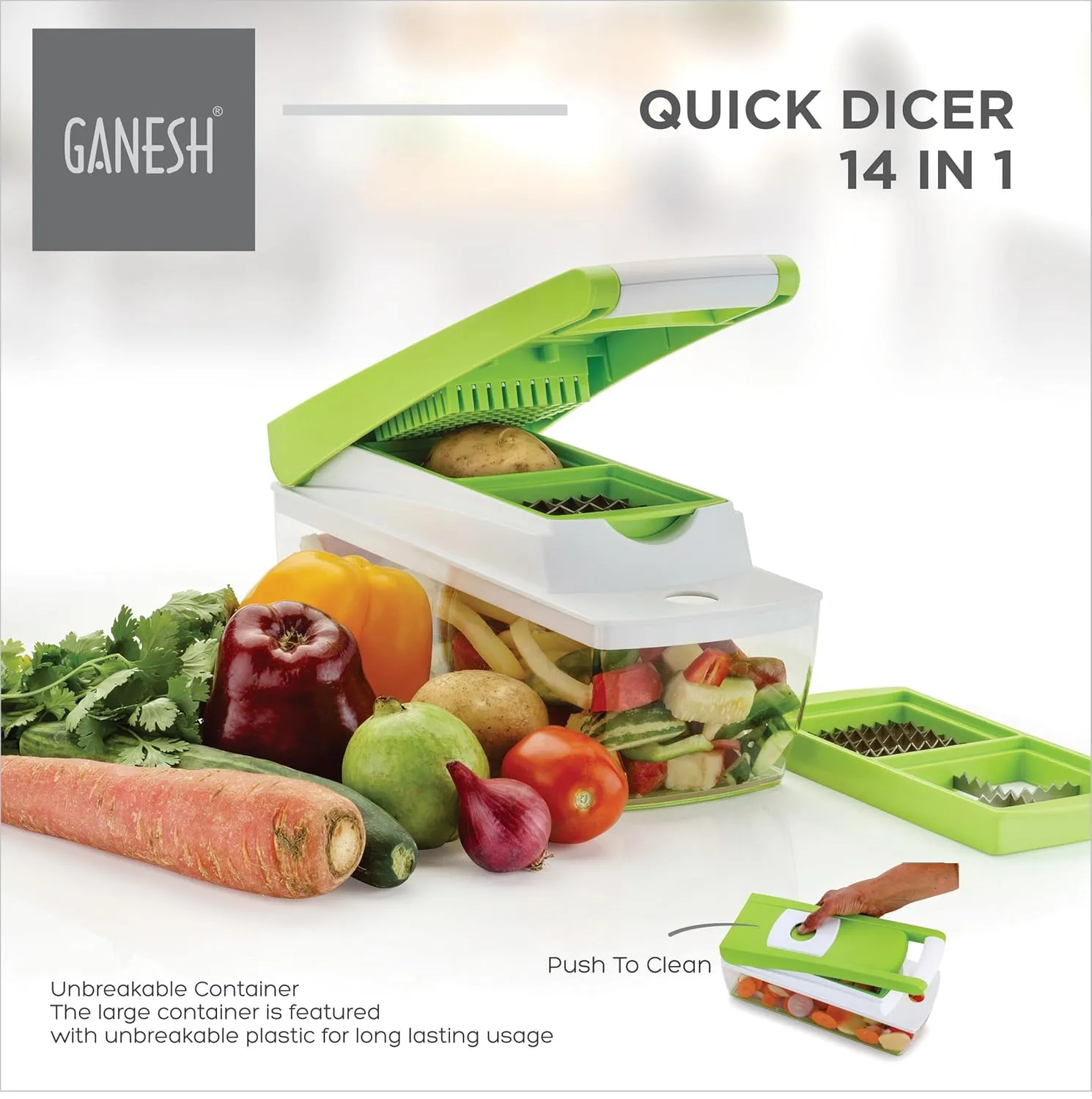 Ganesh 14 in 1 Multipurpose Chopper, Fruits & Vegetable Cutters, Grater Peeler Chipser, Unbreakable Food Grade Body, Easy Push to Clean Button Slicer Dicer, Chopper for Kitchen (Green, Plastic) - Image 5