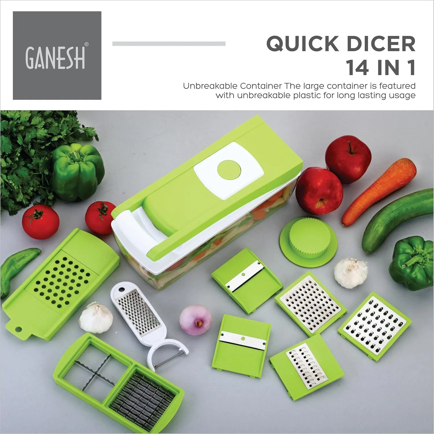 Ganesh 14 in 1 Multipurpose Chopper, Fruits & Vegetable Cutters, Grater Peeler Chipser, Unbreakable Food Grade Body, Easy Push to Clean Button Slicer Dicer, Chopper for Kitchen (Green, Plastic) - Image 3