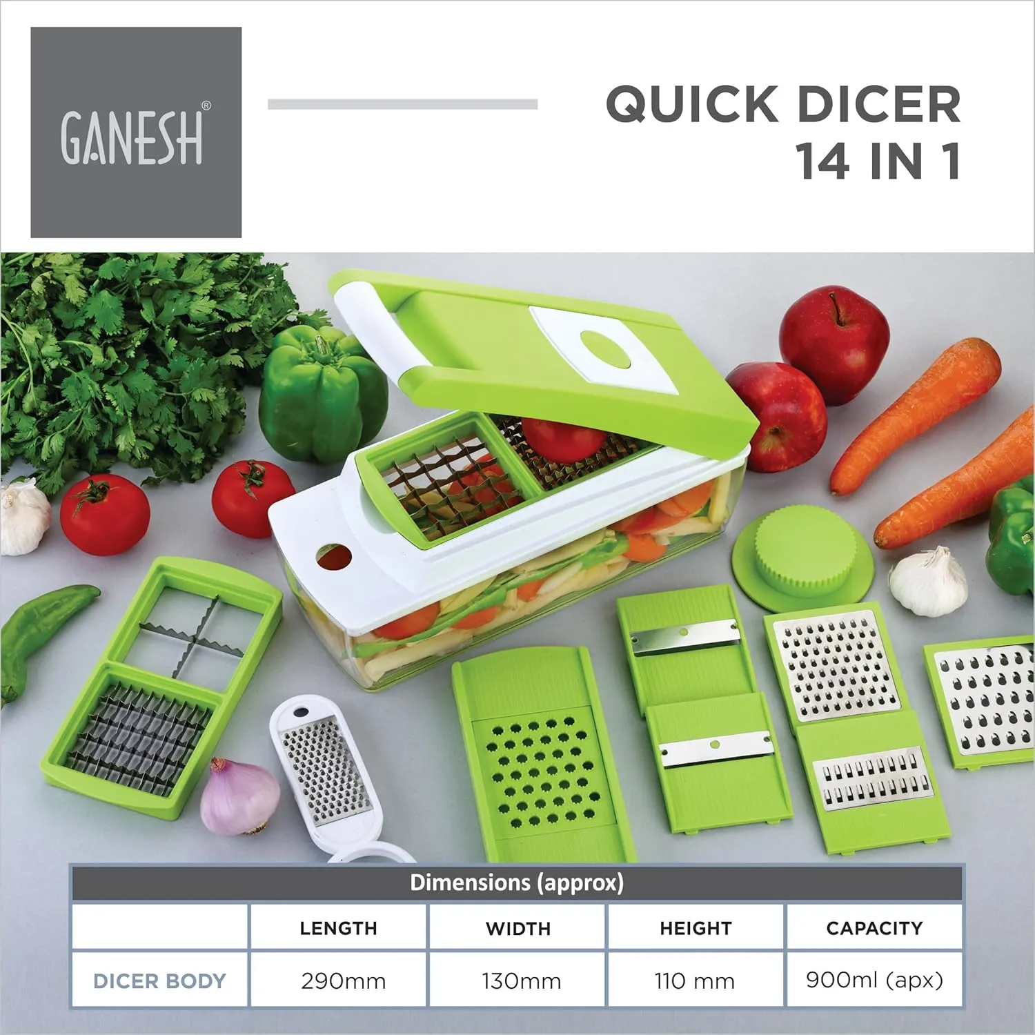 Ganesh 14 in 1 Multipurpose Chopper, Fruits & Vegetable Cutters, Grater Peeler Chipser, Unbreakable Food Grade Body, Easy Push to Clean Button Slicer Dicer, Chopper for Kitchen (Green, Plastic) - Image 4