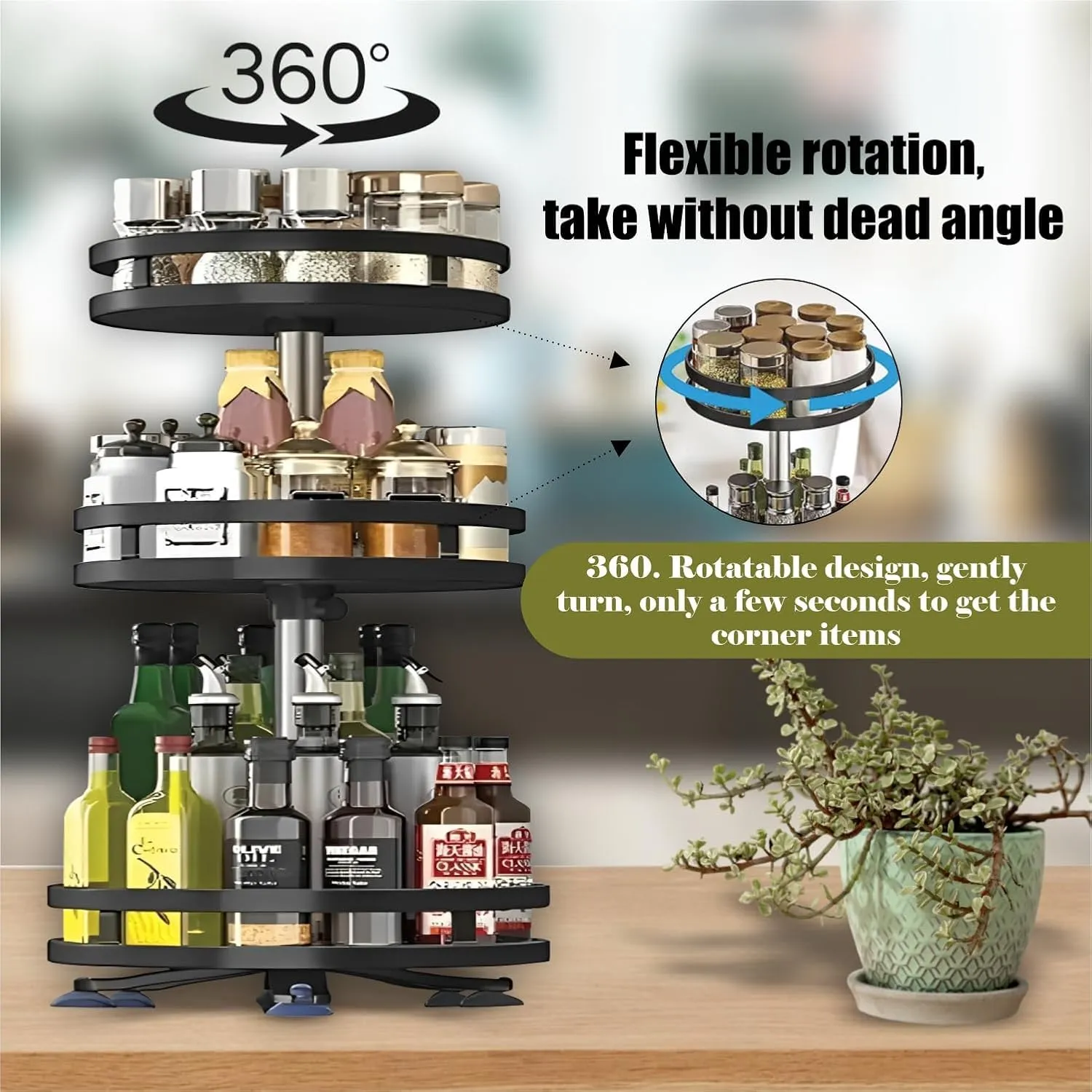 JD FRESH 3-Tier 360° Rotating Spice Rack Organiser/Multifunctional Spice Rack/Table Top Storage Rack/Non-Slip Spice Holder Organizer for Kitchen/Living Room- (Black, Round) - Image 3