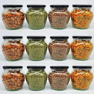 Transparent Glass Jar and Container Air Tight Black Lid for Kitchen 400 ml Mataki Glass Jar with Airtight Metal Lid Pack of (6)