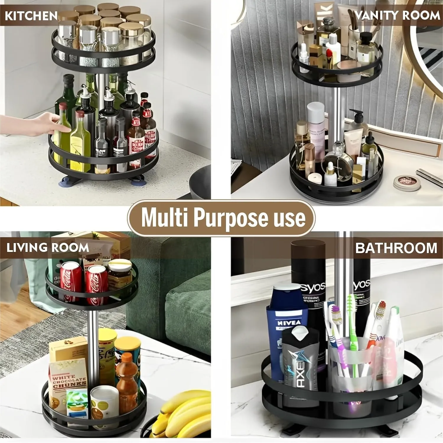 JD FRESH 3-Tier 360° Rotating Spice Rack Organiser/Multifunctional Spice Rack/Table Top Storage Rack/Non-Slip Spice Holder Organizer for Kitchen/Living Room- (Black, Round) - Image 2