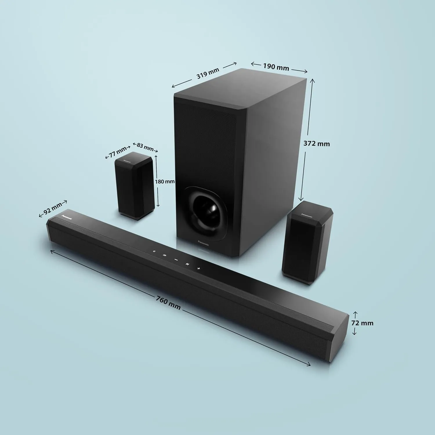 Panasonic 600W 5.1 Ch Sound Bar with 3D Surround Sound Speaker System, Dolby Digital Plus Touch Control,BT 5.3, USB,HDMI ARC,Optical,Aux with Remote Control (SC-HTS600GWK, Black) - Image 2