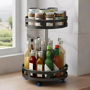 JD FRESH 3-Tier 360° Rotating Spice Rack Organiser/Multifunctional Spice Rack/Table Top Storage Rack/Non-Slip Spice Holder Organizer for Kitchen/Living Room- (Black, Round)