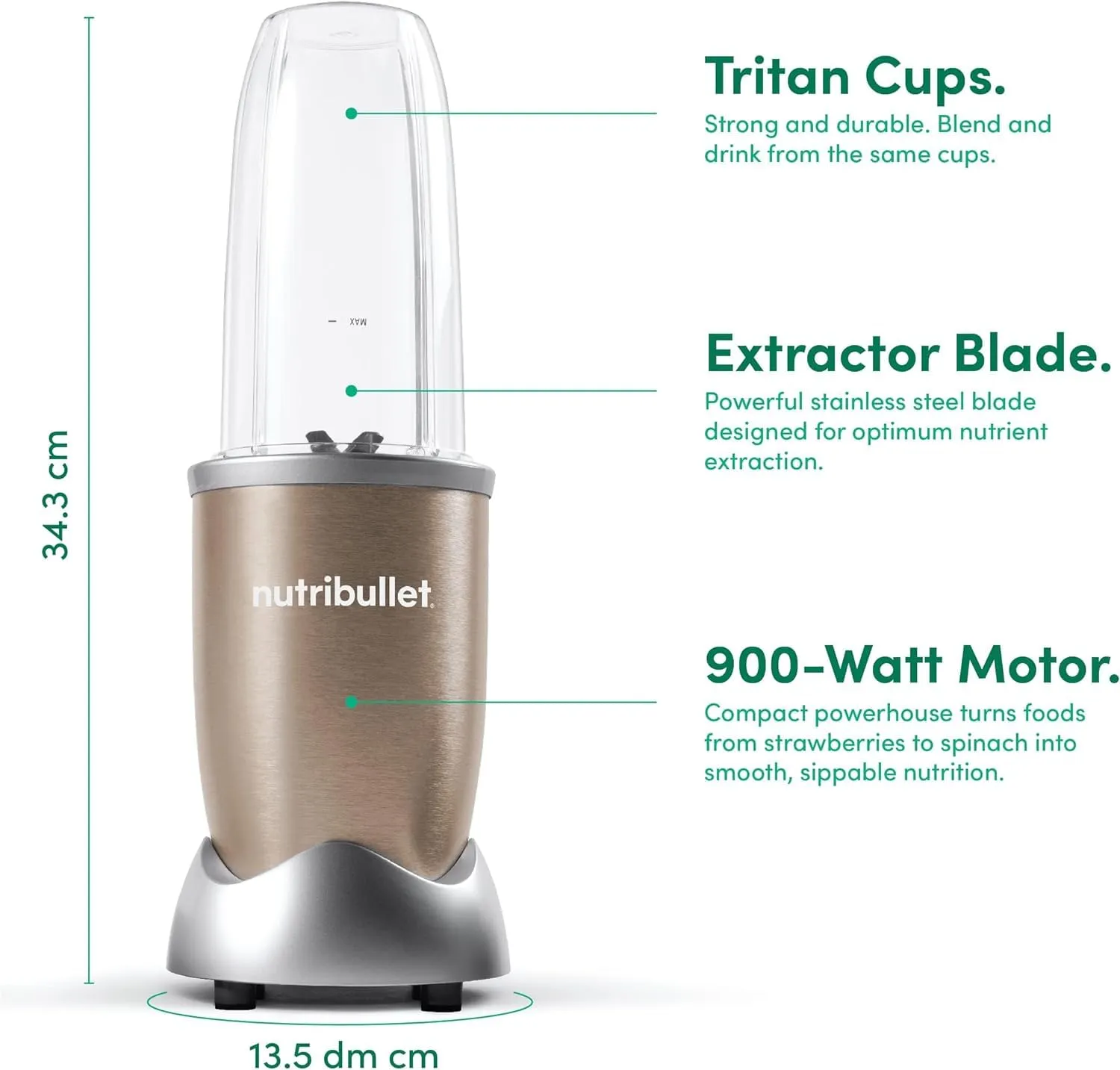 Nutribullet Pro 900W Champagne Gold, 12 Pcs Set, Usa #1 Mixer / Grinder / Smoothie Maker, "The Original ", Food Processor, Best Blender, 3 Unbreakable Jars, 2 Blade Set (Wet & Dry) - 900 Watts - Image 4