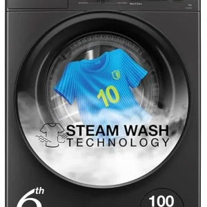 Whirlpool 8 Kg 5 Star Inverter Supreme Care Front Load Fully Automatic Washing Machine with In-Built Heater (XS8014BWME, MidNight Grey, Steam Technology, 100+ Tough Stains, 6th Sense Soft Move)